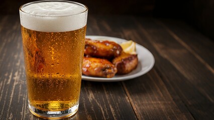 Refreshing lager beer in a tall glass with condensation, served alongside delicious chicken wings on a wooden table. Perfect for a casual meal.