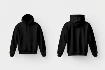 This cloth mockup template features a black hoody sweatshirt, displayed in both front and back views, against a white background for design applications