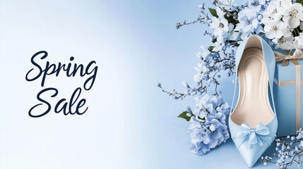 Spring Sale with Blue Heels Surrounded by Flowers Against a Soft Background  