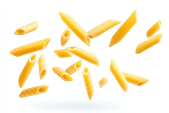 Penne Pasta Floating on White Background Perfect for Culinary Concepts