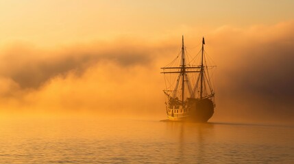 Fototapeta premium A ship sailing through golden mist at dawn, leaving a dreamy wake