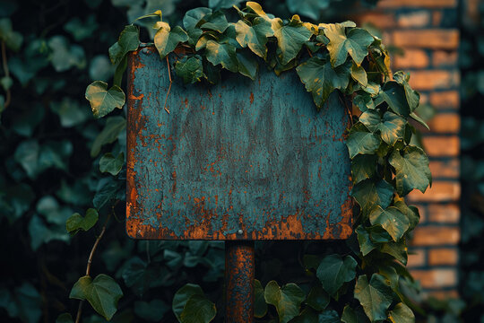 Rustic weathered teal sign covered in vibrant green ivy against a brick wall.