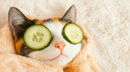 Relaxing calico cat spa day with cucumber slices cozy home animal photography calm environment close-up pet wellness