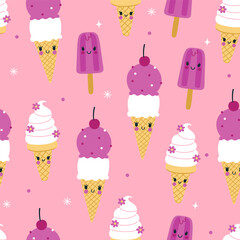 Cute seamless pattern with ice cream on a pink background. Vector graphics.