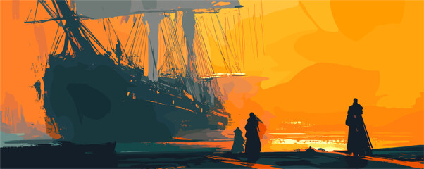 Ship at sunset with silhouetted figures on shoreline, vibrant orange and teal vector.