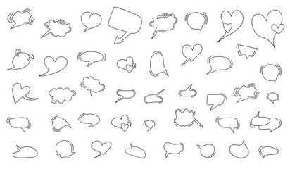 Large set of dialog boxes, hand drawn variants of different shapes. Collection of speech bubbles for conversation, dialogue, doodle style design on white background. Vector