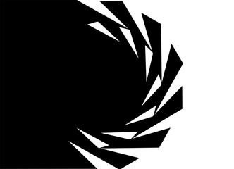 Abstract tornado pattern of broken swirling lines and shapes. Black and white rounded vector background. For labels, covers, advertising, packaging. Transition from black to white