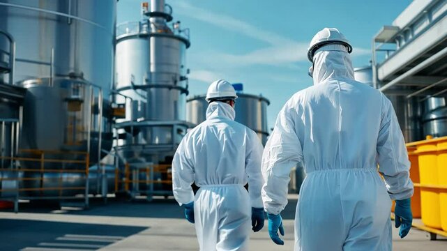 Chemical plant engineers in a high-security facility, analyzing hazardous material containment systems.