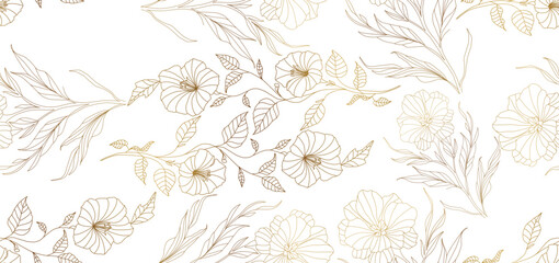 Vintage luxury seamless floral background with golden lilies flowers. Romantic pattern template for wall decor, wallpaper, wedding invitations, ceremonies, cards.	