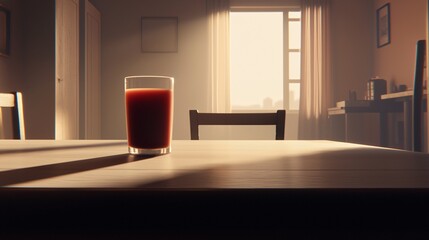 Glass of juice on a wooden table in a sunlit room with furniture. Morning light
