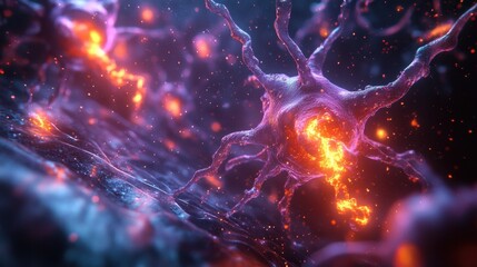 Fototapeta premium Close-Up Visualization of Neurons Firing Bright Synaptic Connections in the Brain