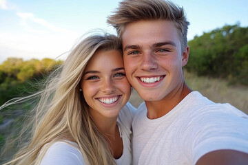 Obraz premium Couple captures joyful moment while taking a selfie in a scenic outdoor location during golden hour