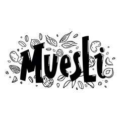 Hand drawn vector lettering black and white logo Muesli with outline crispy balls, grains, seeds, nuts, crumbs and cereal