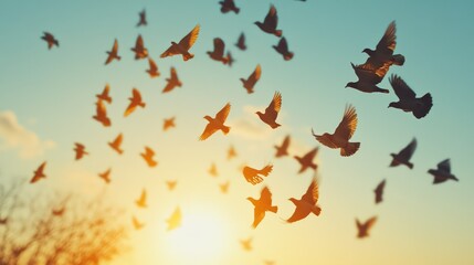 Flock of birds flying in the sky, capturing their graceful movement