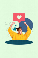 Art 3d sketch photo image collage of happy girl receive like reaction feedback notification popular...