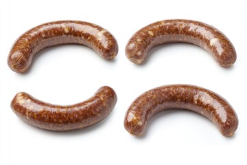 Arrangement of Fresh Sausages Ready for Grilling on a White Background