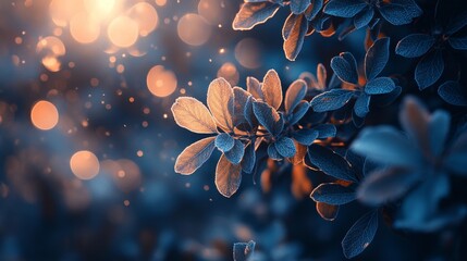 Frosted Beauty Vibrant Orange Blue Oak Leaves In Crisp Sunlight, Shallow DOF Bokeh