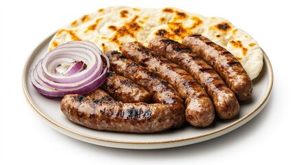 Grilled evapi sausages with flatbread and onions restaurant setting food photography close-up culinary delight