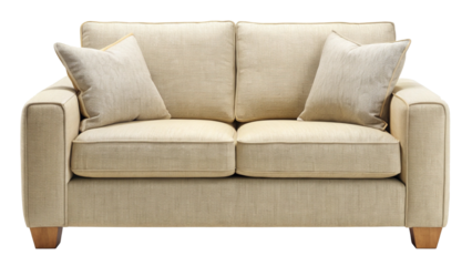 Beige TwoSeater Sofa with Wooden Legs and Matching Throw Pillows