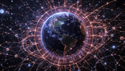 Obraz premium digital representation of Earth surrounded by interconnected glowing networks, symbolizing global connectivity and technology. image highlights intricate web of communication and data exchange