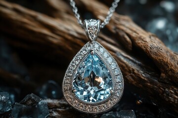Elegant teardrop-shaped blue gemstone pendant on a textured background.