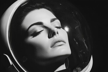 A model is portrayed as a spacefaring astronaut in a 1950s atomic age illustration, donning a futuristic space suit and helmet in anticipation of groundbreaking travel to the moon and beyond