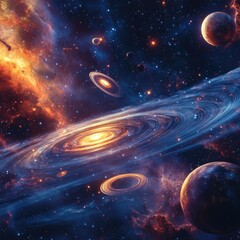 Cosmic spiral galaxy with vibrant nebulas and planets