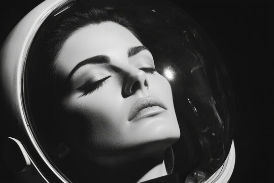 A model is portrayed as a spacefaring astronaut in a 1950s atomic age illustration, donning a futuristic space suit and helmet in anticipation of groundbreaking travel to the moon and beyond