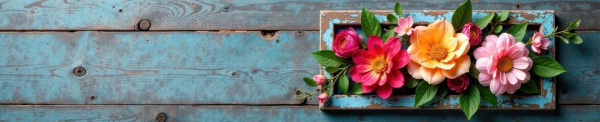 A beautiful arrangement of artificial flowers in a distressed frame on a rustic wooden wall, flower arrangements, rustic decor