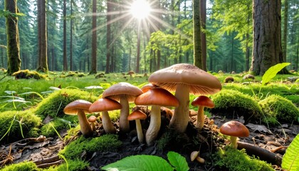 Mushrooms in Sunlit Forest