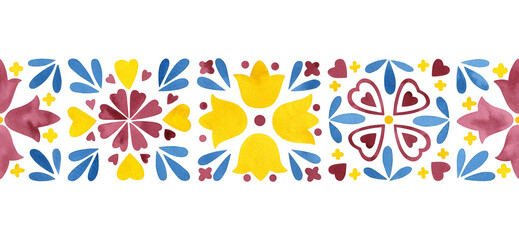 Seamless border azulejo tiles design. Hand drawn watercolor illustration, mediterranean patterns. Abstract floral vintage. Decorative ceramic tile Mosaic heritage geometric on white background.