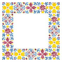 Frame border azulejo tiles design square. Abstract floral vintage. Hand drawn watercolor illustration, mediterranean patterns. Decorative ceramic tile Mosaic heritage geometric. Isolated background.