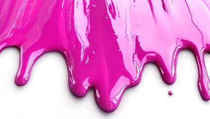 A vivid pink paint drizzles over a pristine white backdrop, forming a lively, abstract design as it streams down