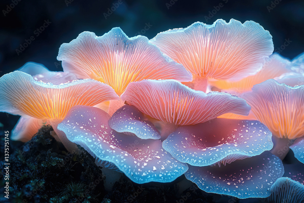 Poster delicate cluster of bioluminescent mushrooms glowing with ethereal light, showcasing intricate gills