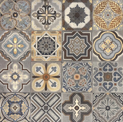 Colonial heritage tiles in random classic geometric floral, star, and ornamental patterns. Handmade...
