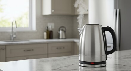 Modern stainless steel kettle boiling water in a contemporary kitchen setting