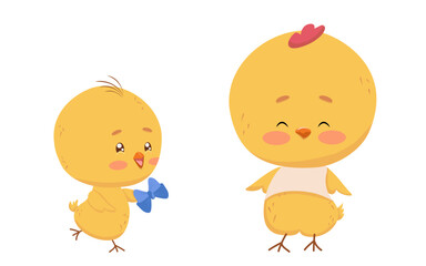 Little yellow chicken holding blue bow and running to his father. Vector Easter kind characters isolated. Color drawing rooster and chick without background. Design of greeting card, greetings, print