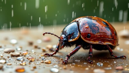 Beetle and Raindrops Illustrate a beetle whose shell reflects a rainy landscape, emphasizing the intricate beauty of small creatures.
