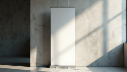 Roll up banner mockup. Roll up banner mockup standing in sunlight near concrete wall — realistic advertising or branding template with natural shadows in minimalist space.