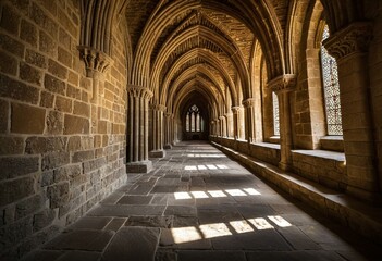 Obraz premium A stone archway with two windows in a stone building.