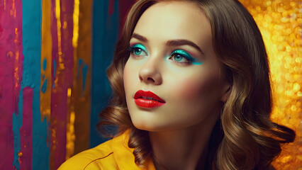 A vibrant portrait of a woman in retro and vintage style