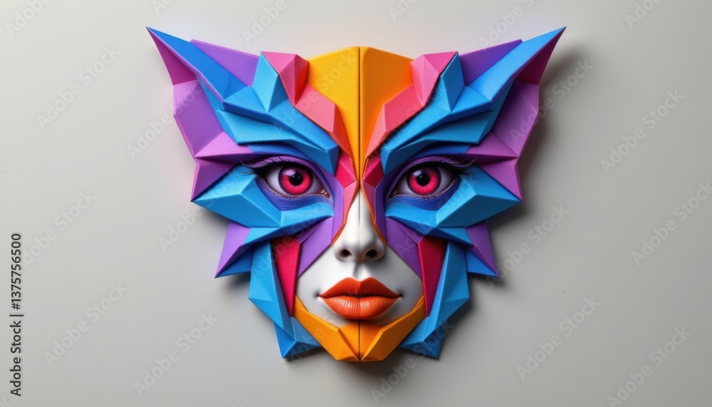 Poster origami face create a face designed with intricate origami folds and patterns, exploring the balance
