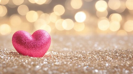 Fototapeta premium A vibrant pink heart stands out on a golden surface, adorned with soft, blurred lights that create a festive atmosphere