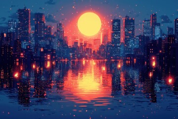 Obraz premium Vivid cityscape at sunset with reflection in water and vibrant lights