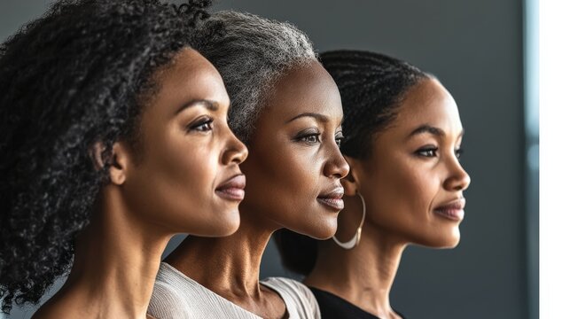 Three women of different ages showcase their unique beauty, representing a celebration of diversity, strength, and the elegance of aging gracefully together in harmony.