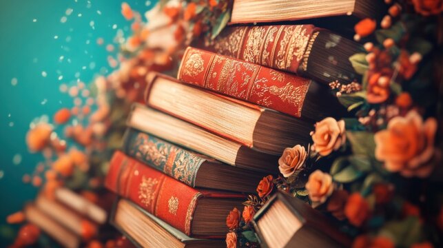 Vintage books are artistically arranged with small flowers, creating a warm and inviting atmosphere perfect for book lovers