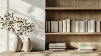 Serene interior with light wood bookcase, books, and decorative vases against a textured wall.