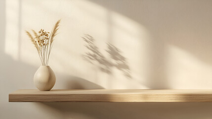 Warm, neutral still life with a vase of dried flowers on a shelf and light streaming through a window.