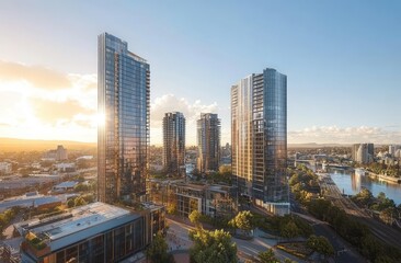 Obraz premium Aerial view of the city skyline with modern skyscrapers and a river