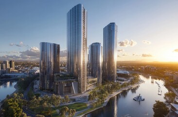 Fototapeta premium Aerial view of the city skyline with modern skyscrapers and a river